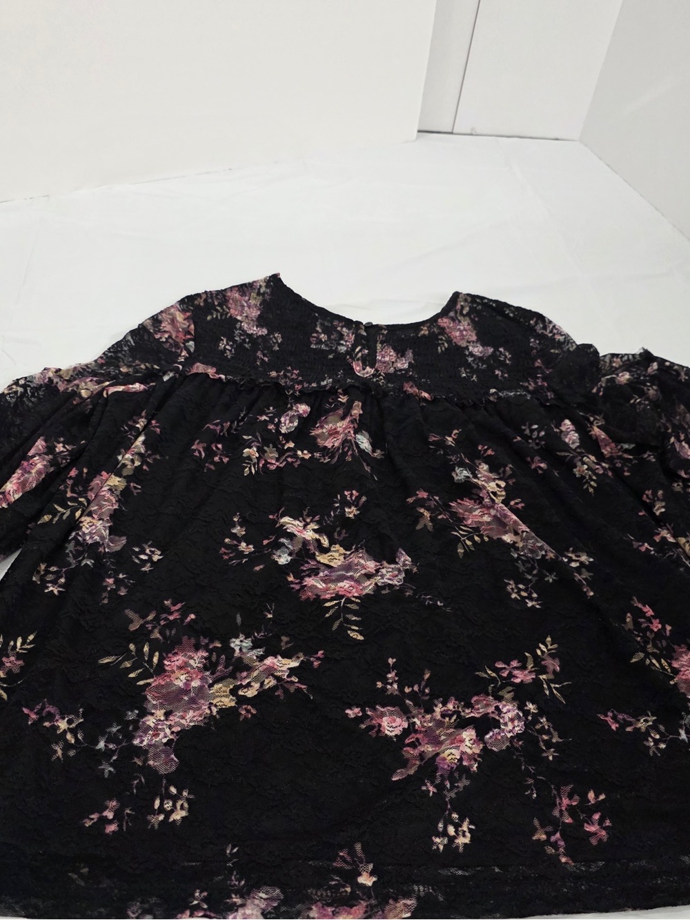 Time and Tru Black Floral Lace Bell-Sleeve Blouse - Picture 8 of 9